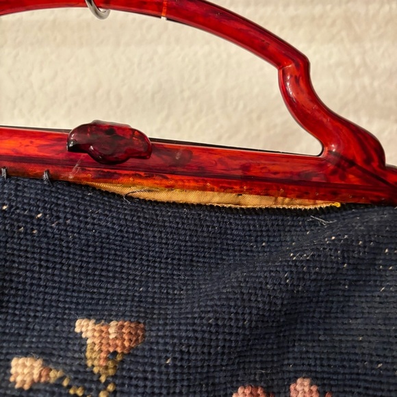Vintage Sewing Tapestry Bag/Handbag with Bakelite Handle, Blue Floral. Clutch - Picture 16 of 16